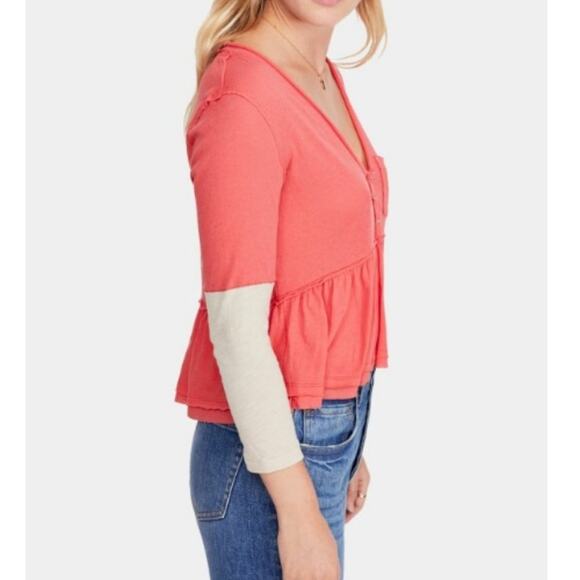 Free People Women's 3/4 Blouse Heart of Mine Cotton Flounce-Hem Colorblock Red M - Picture 2 of 7